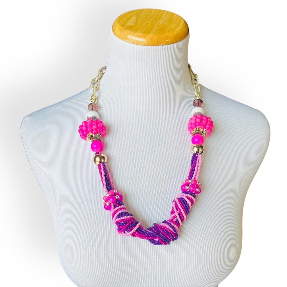NEW Chunky Beaded Chain Necklace Set Pink Purple Earrings Candy Cute Matinee